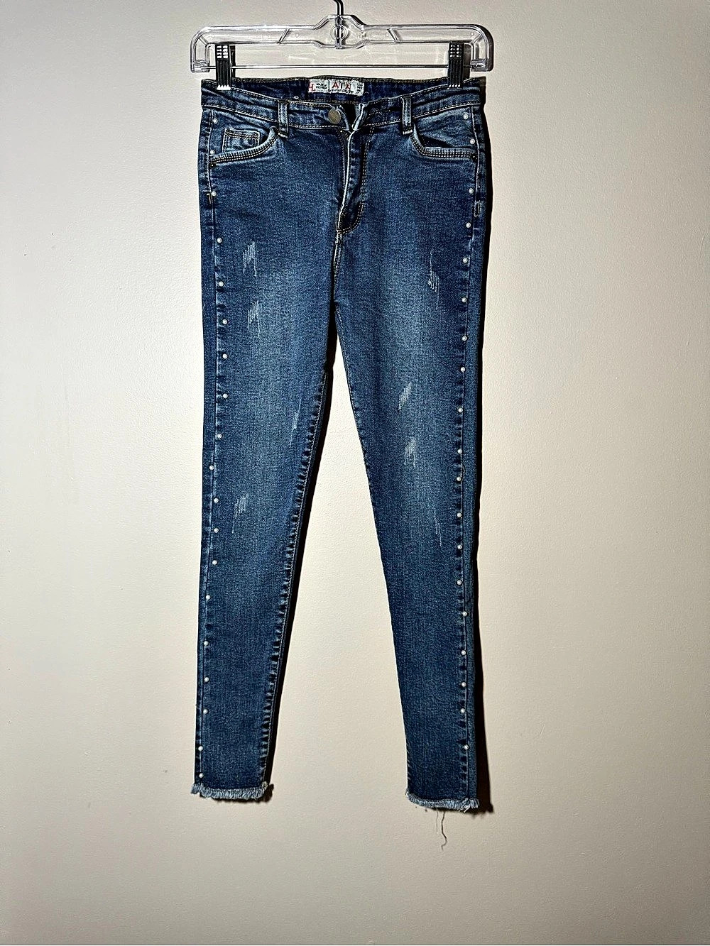 Ducati Distressed Pearl Studded Skinny Jeans in Blue